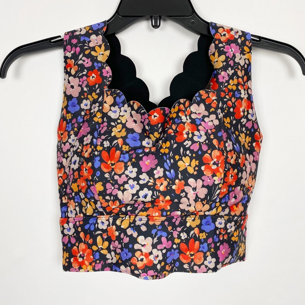 SSYS Scalloped Floral Cross Back Sports Bra Women M Black Multi - Picture 1 of 5